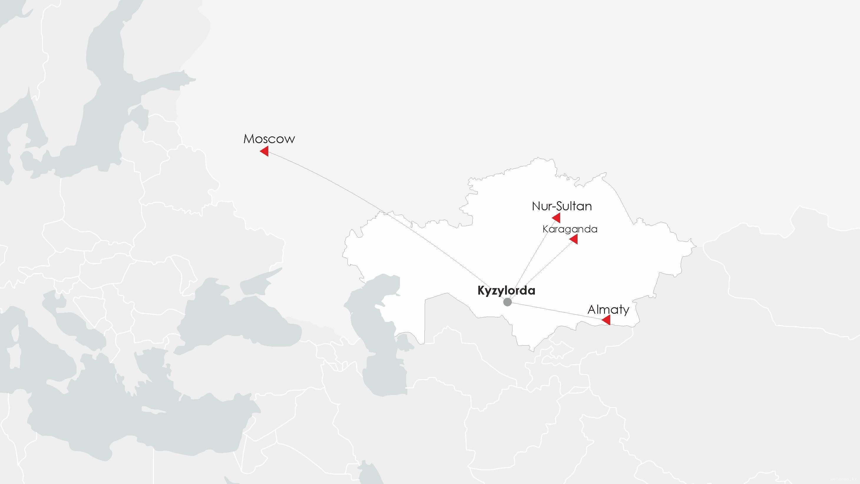 Карта полетов из города Кызылорда