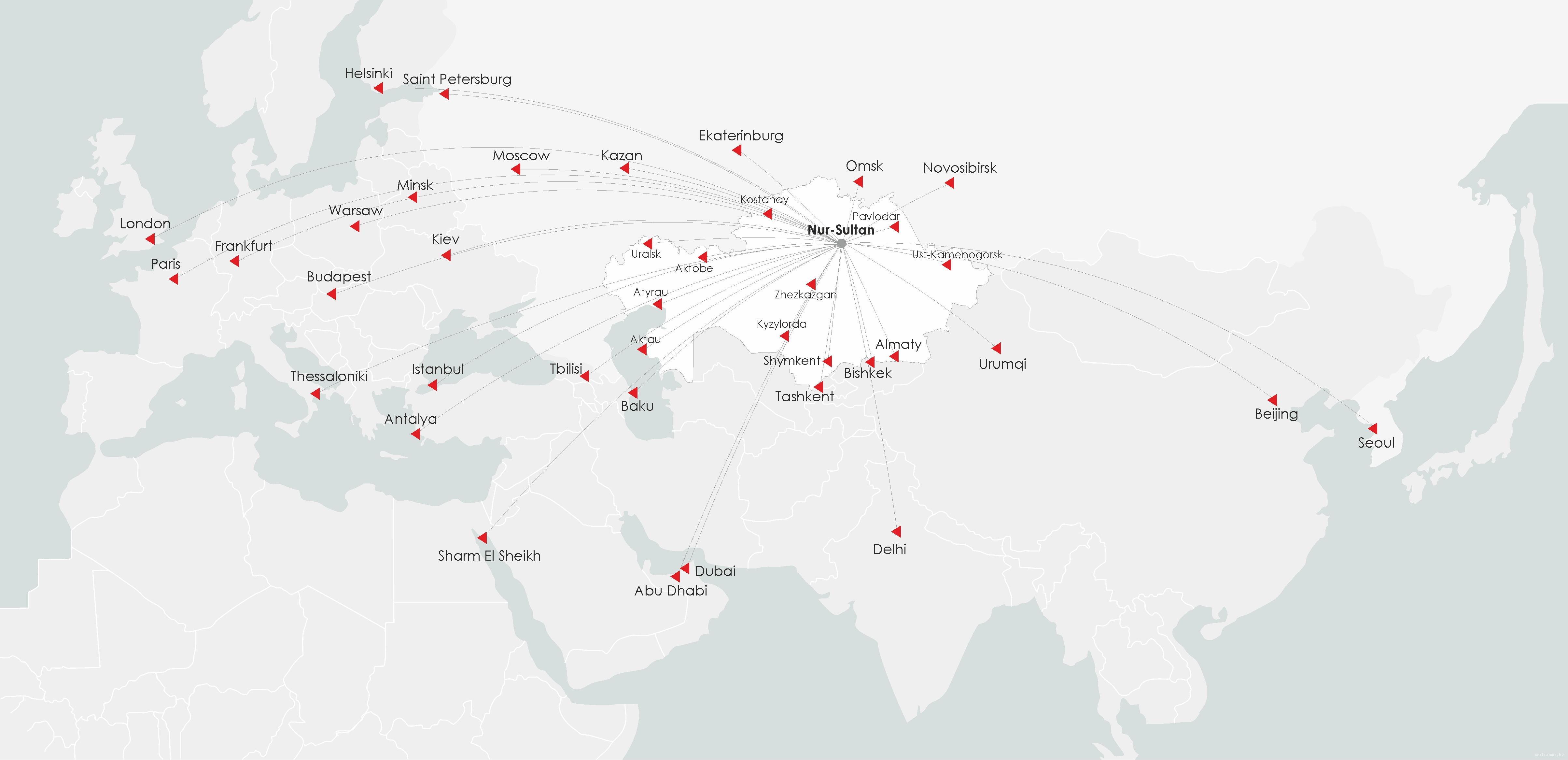 Map of flights from the airport of Nur-Sultan