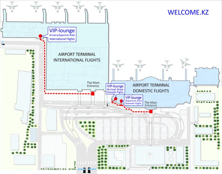 Directions to the VIP lounge of the new terminal of the Almaty airport